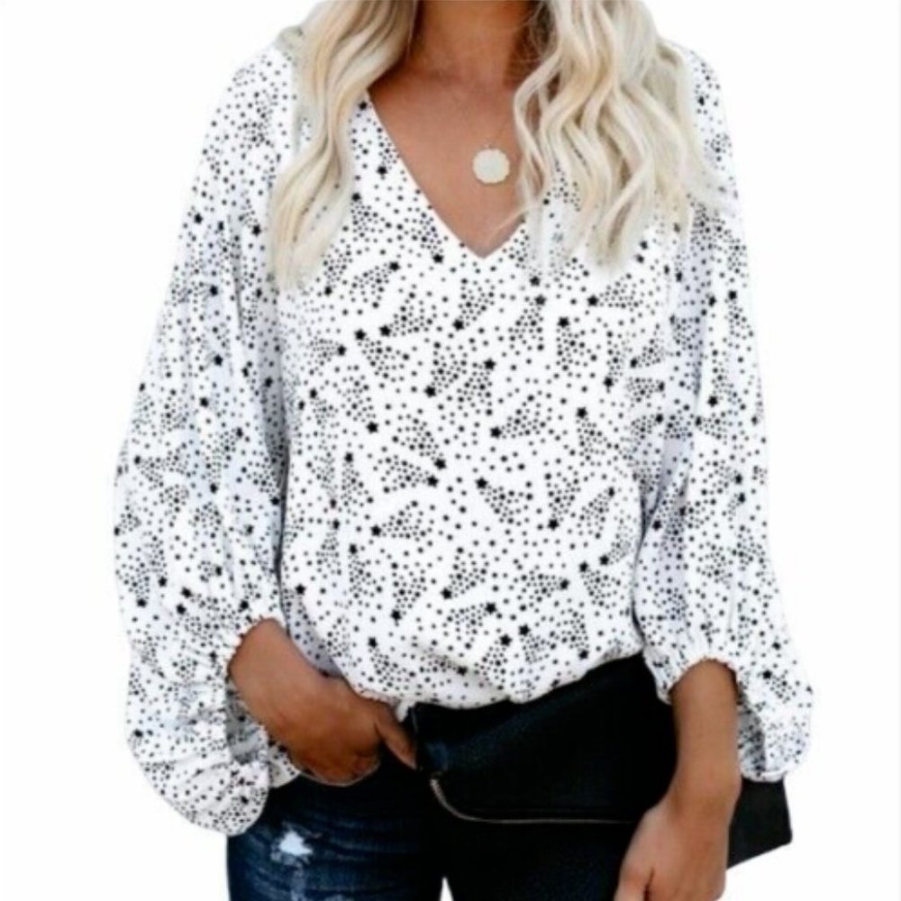 VICI Star Print Balloon Sleeve Blouse Top Small Business Casual Celestial V-neck